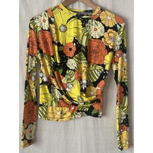 Retro Womens Boho Floral Cropped Faux Wrap Top Size S Hippie Indie Free Spirited